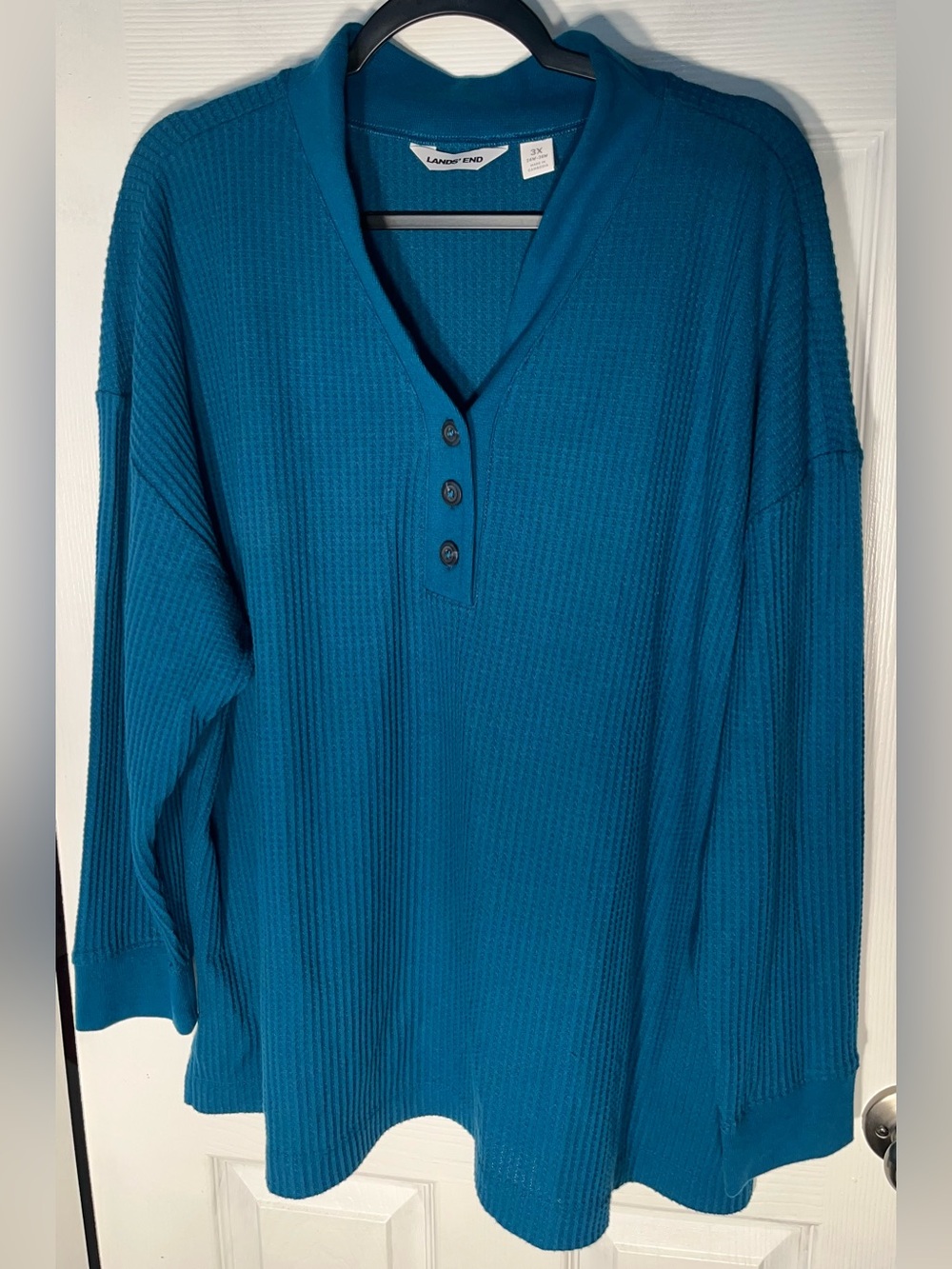 Lands' End Women's Waffle Knit 3 Button Long Sleeve Shirt Blue Plus Size 3X